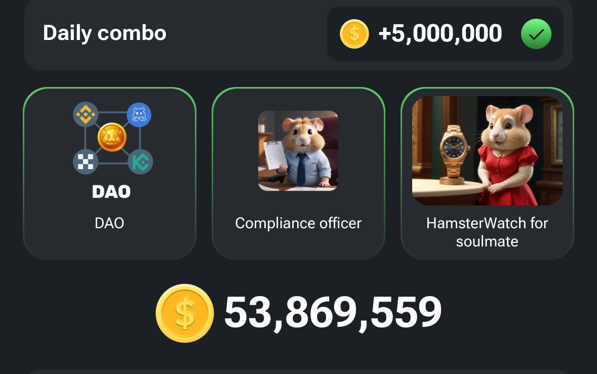 Щоденні нові комбо картки Hamster Kombat за 21-22 липня: HamsterWatch for soulmate, DAO та Compliance officer