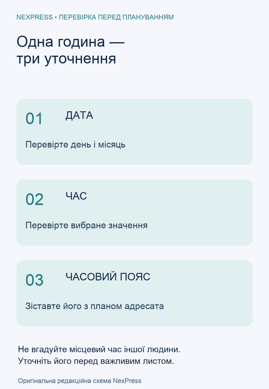 Схема трьох перевірок запланованого часу: дата, година й часовий пояс
